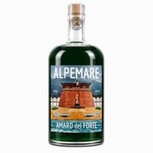 Bottle of Amaro del Forte liqueur by Alpe Mare, dark green glass with label depicting a fortress by the sea and mountains.