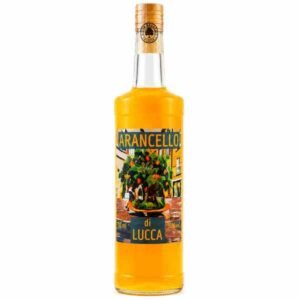 Bottle of Arancello di Lucca orange liqueur with a yellow label featuring an orange tree illustration, in a tall clear glass bottle with orange liquid.