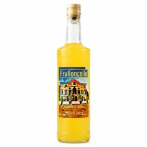Yellow lemon liqueur bottle labeled Frulloncello with a villa illustration on the label, gold cap.