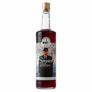 Bottle of Sogno Bitter liqueur with dark red liquid, clear glass, and a label depicting a suited man and the text 'Sogno Bitter'.