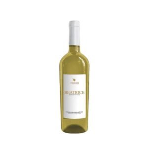 White wine bottle with a white label reading Beatrice, standing upright on a white background