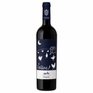 Bottle of red wine with a dark blue label featuring white chicken silhouettes and a crescent moon, labeled 'Galline!'