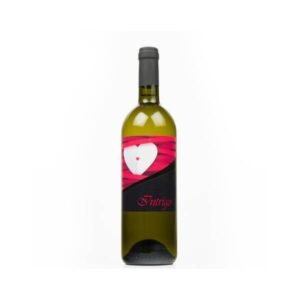 Green wine bottle with a pink-and-black diagonal label featuring a white heart and the word 'Intimo'.