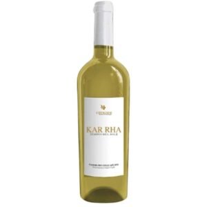 White wine bottle with pale yellow liquid and a white label reading 'KAR RHA' against a white background