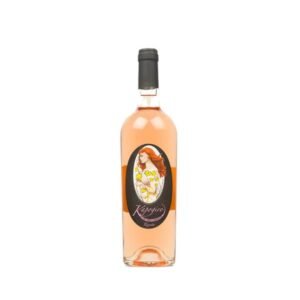 Bottle of rosé wine with a dark oval label depicting a red-haired woman; label text not clearly legible on white background