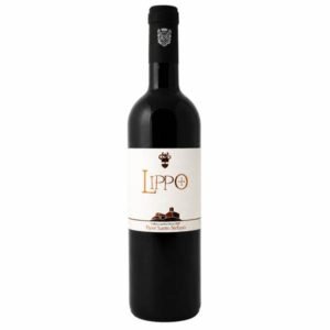 Red wine bottle with a white label and orange 'LIPPO' text, standing upright against a white background (informative product image).