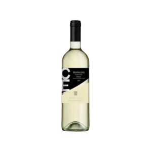 Bottle of Montecarlo Bianco white wine with a black and cream diagonal label on a white background.