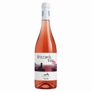 Rosé wine bottle with a white label showing a desert landscape and pink sun; label reads 'Orizzonte Rosa' with 'Syrah' on the lower part. The bottle contains pink wine and stands against a white background.