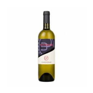 Bottle of Chardonnay white wine with a two-tone label: dark purple graphic upper and white lower with a red circular emblem and the word Chardonnay.