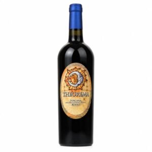 Wine bottle with blue foil and Theorema Toscana Rosso label, standing upright against a white background.