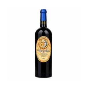 Wine bottle with blue foil cap; label reads Theorema Toscana Rosso 2015.