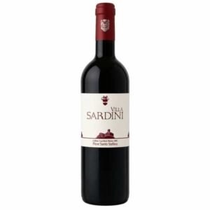 Villa Sardini red wine bottle with burgundy capsule and white label on a white background