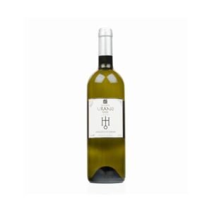 Green-tinted white wine bottle with a white label on a plain white background.
