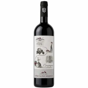Bottle of red wine with an illustrated label showing farming scenes (tractor, man, ladder) and the text Colline Lucchesi Sangiovese