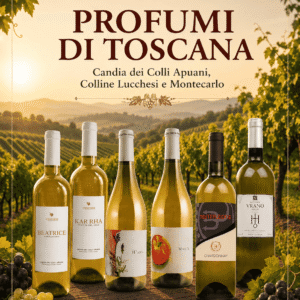 Six wine bottles on a wooden table with a sunlit Tuscan vineyard backdrop and distant hills in warm evening light.