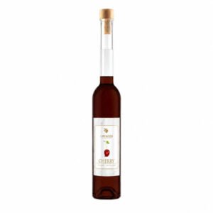 Tall glass bottle of cherry liqueur with a cork stopper and a white label featuring a cherry illustration.