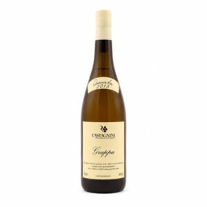 Castagnini Grappa bottle with cream labels and a cream foil top on a white background.