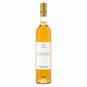 Tall white wine bottle with gold foil cap and white label on a white background.
