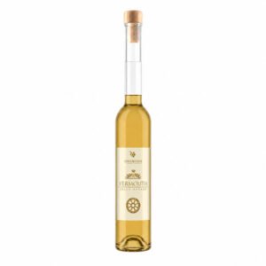 Tall glass vermouth bottle with a cork stopper and white label reading VERMOUTH against a white background.