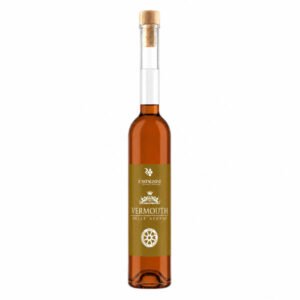 Tall glass bottle with a cork stopper containing amber vermouth, gold label on the front.