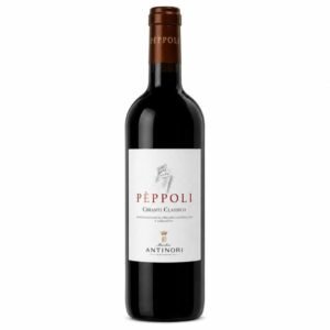 Bottle of Péppoli Chianti Classico red wine by Antinori against a white background, corked with a brown capsule.