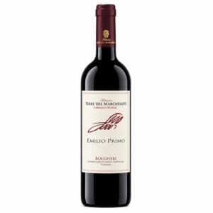 Bottle of Emilio Primo red wine from Bolgheri, Terrea Del Marchesato, with cream label and burgundy capsule.