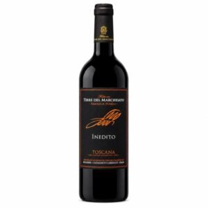 Bottle of Inedito Toscana red wine by Terre Del Marchesato with black label and gold script.