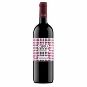 Dark glass wine bottle with burgundy capsule and a colorful dotted label reading CiFRA Cabernet Franc, standing upright on a white background.