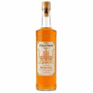Bottle of Fillungo Spritz liqueur with orange liquid, cork stopper, and an Italian label featuring a tower illustration on a white background.