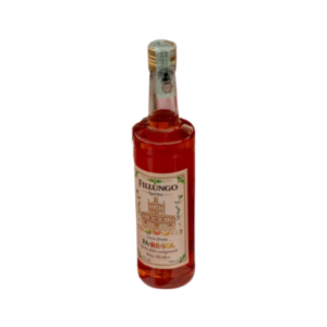 Tall glass bottle with red liqueur; label shows 'FILLUNGO' and a building illustration on a light background.